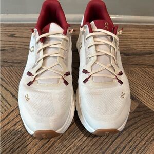 On Running Cream and Burgundy Sneakers